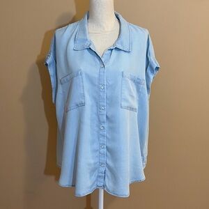 Sharagano XL Cap Sleeve Button-Down Chambray Top